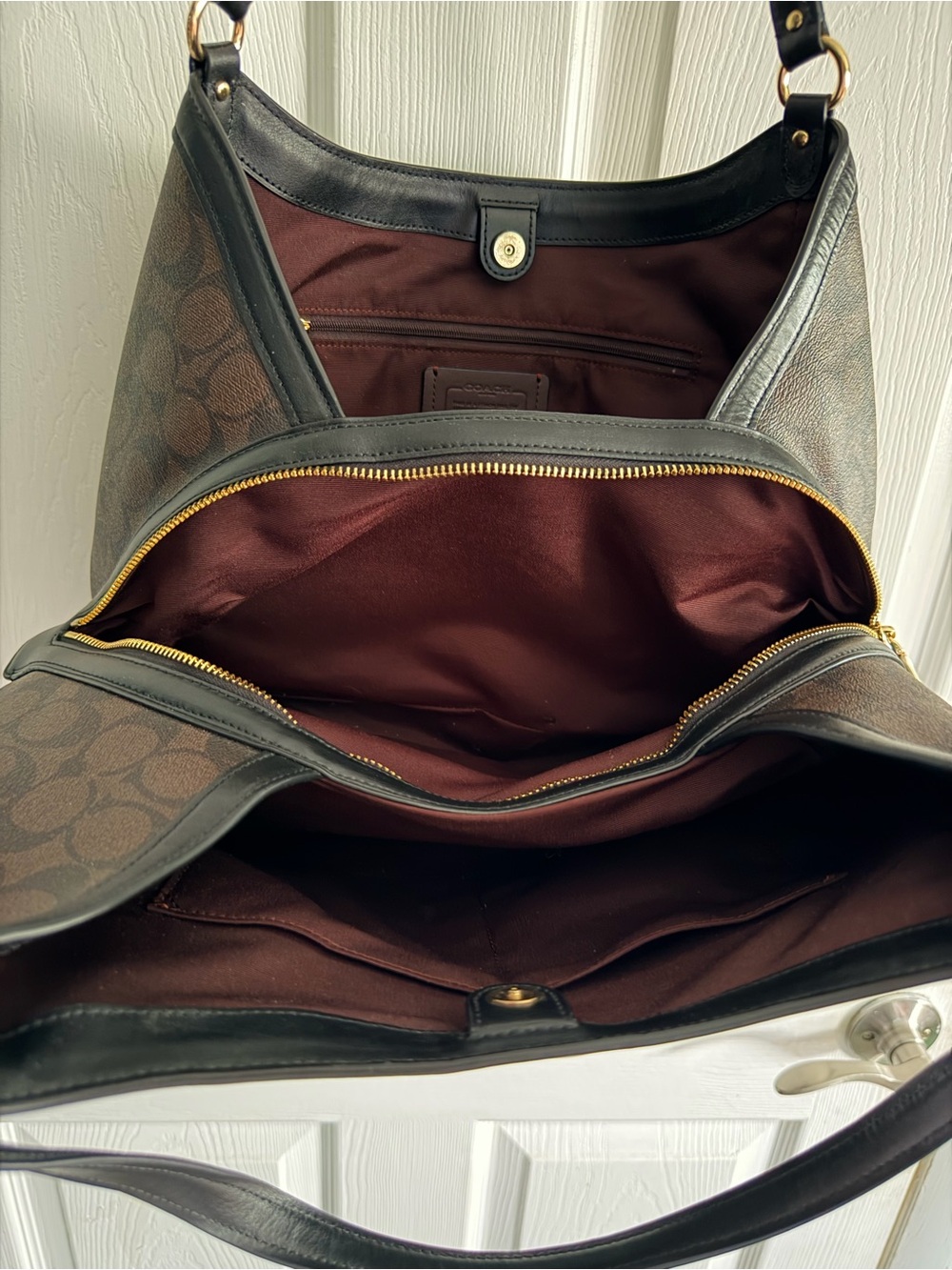 Coach Dark Brown Signature Canvas Shoulder Bag with Black Trim - Picture 13 of 16